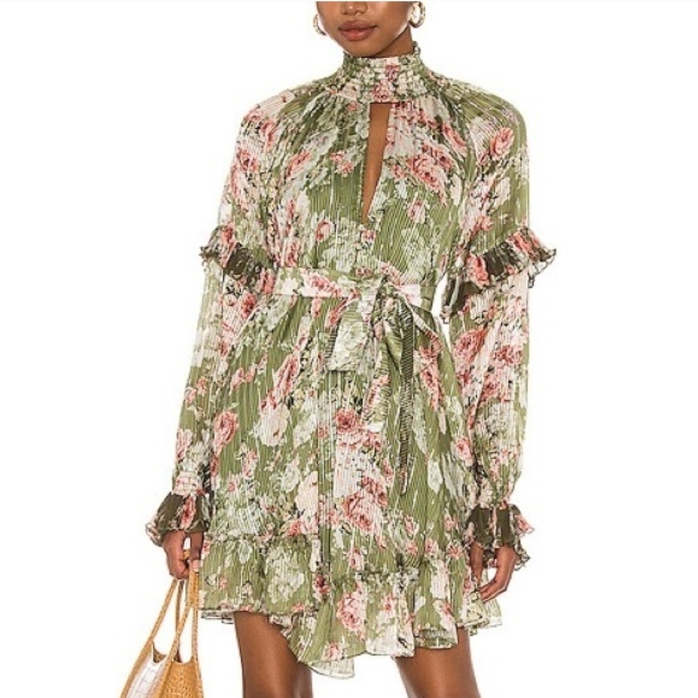 HEMANT & NANDITA Floral Green and Pink Long Sleeve Dress - Picture 1 of 3